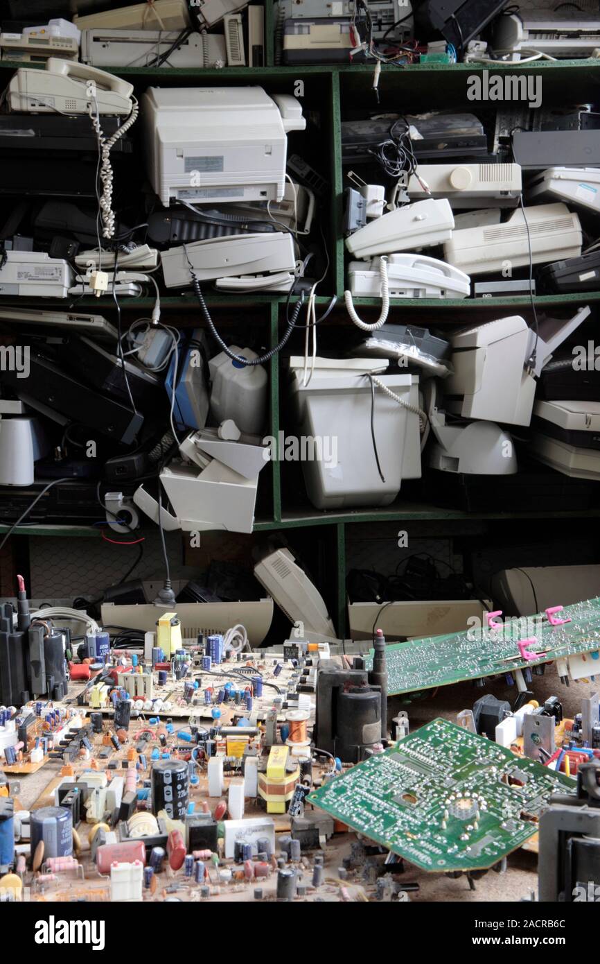 Electronic waste recycling. Assorted electronic goods and components