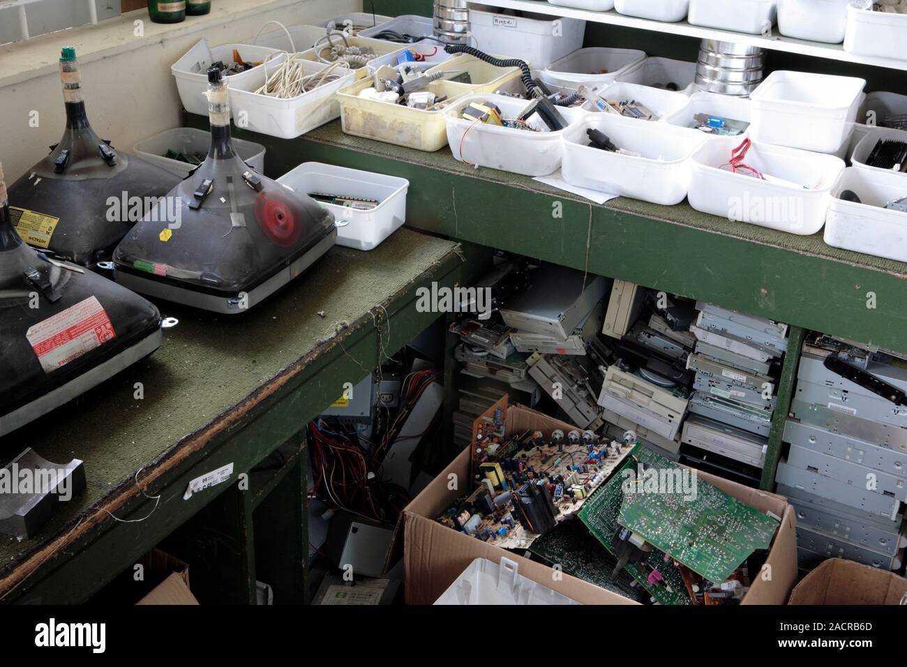 Electronic waste recycling. Assorted electronic goods and components