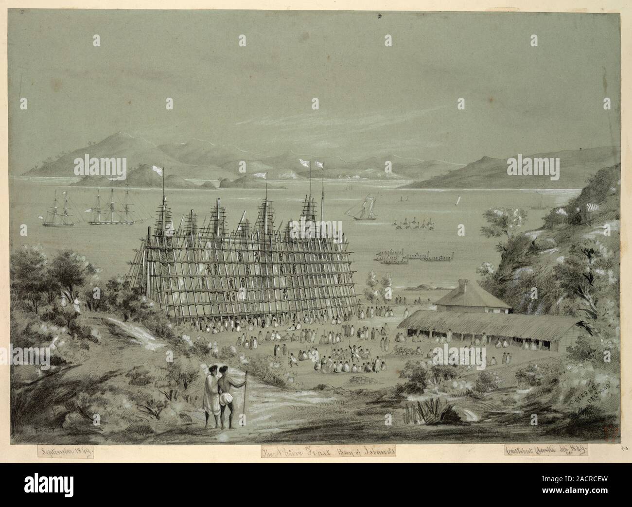 Native feast, Bay of Islands, (Drawing no.2) View of Maoris gathered before a large wooden structure in a village. In the background, the Bay of Islan Stock Photo