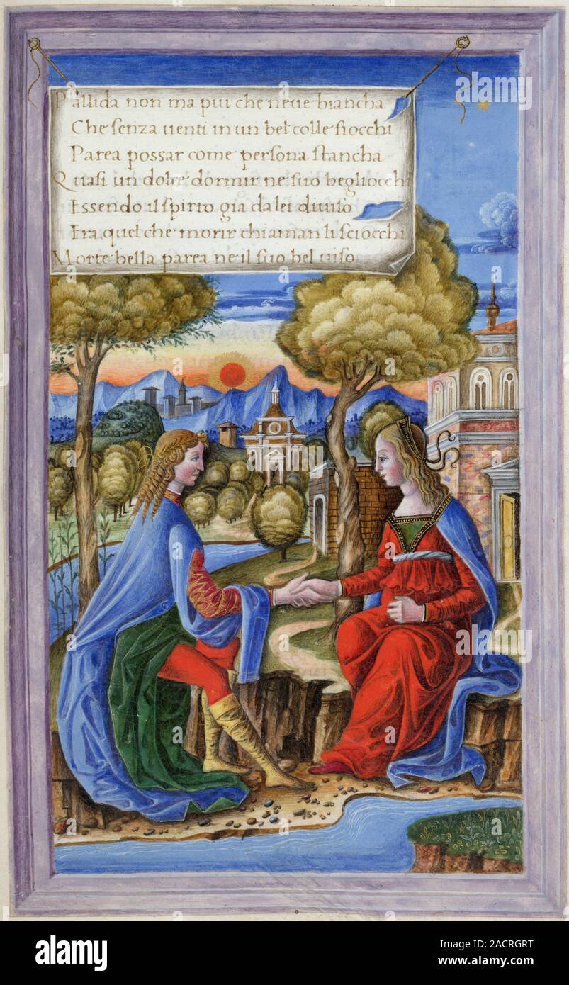 Petrarch conversing with the dead Laura; illustrating the 'Trionfo della Morte'. Produced for a member of the Romei family of Ferrara Image taken from Stock Photo