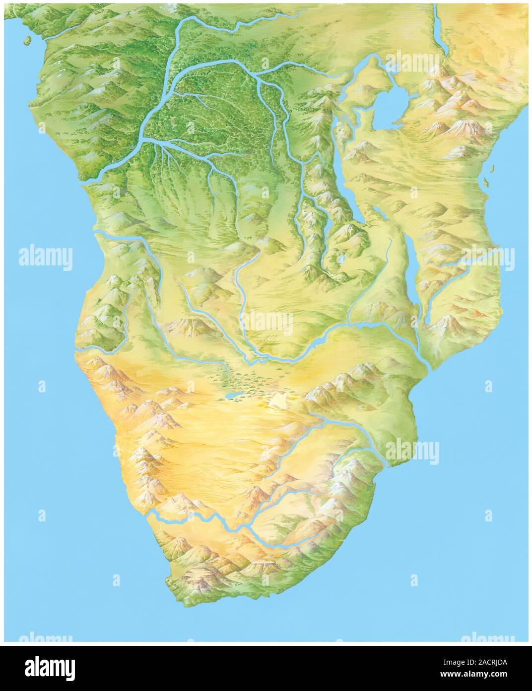 Southern Africa. Artwork of the geographical features of the southern