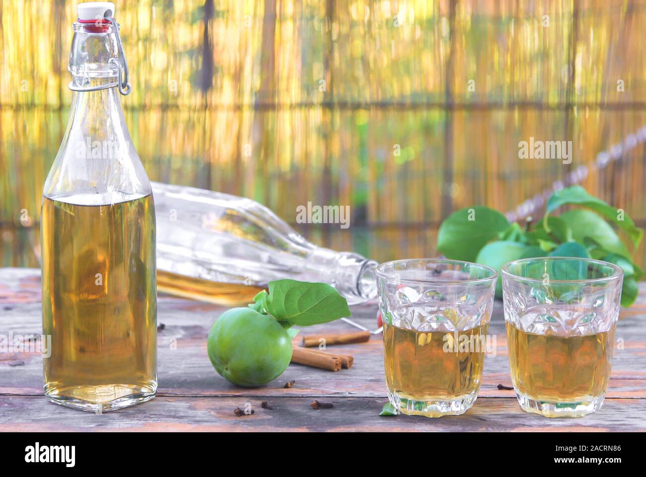 apple cider bottled. Still life, from carelessly scattered halfempty bottles with apple cider