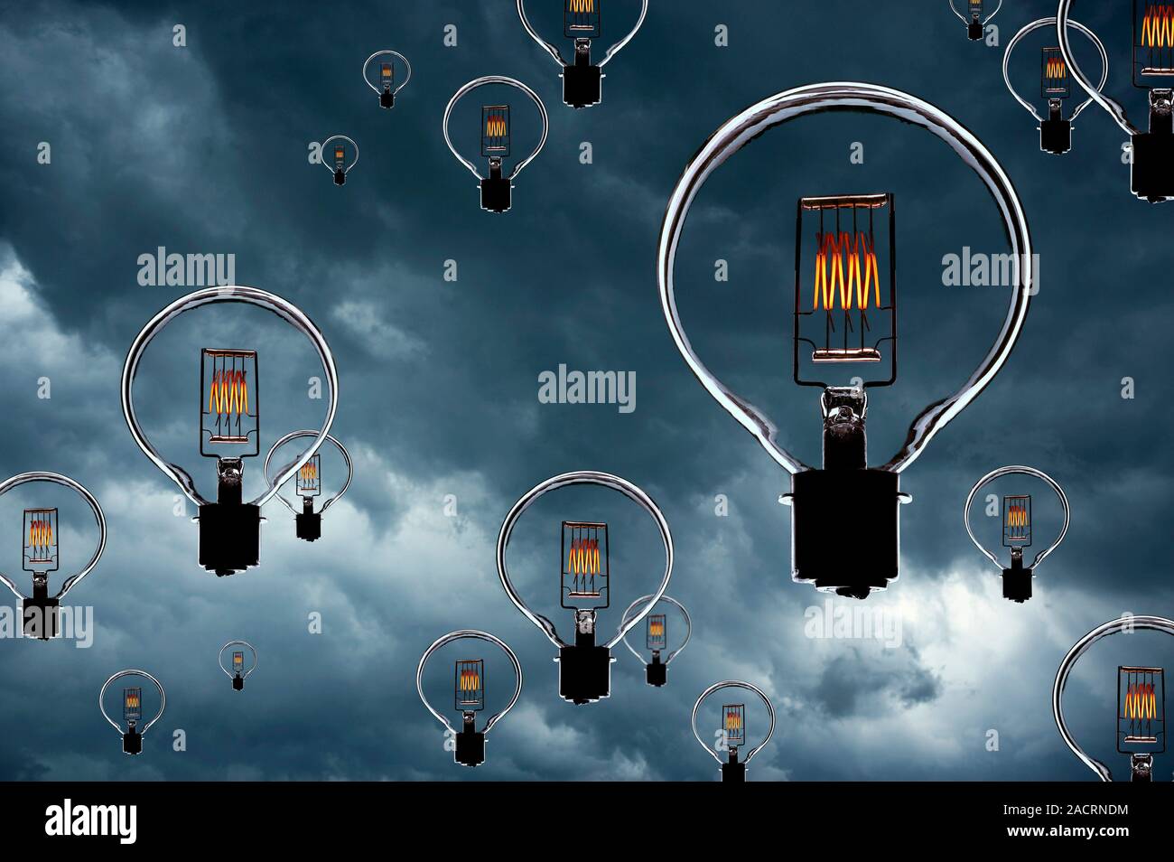 Light bulbs in stormy sky, composite image. Stock Photo