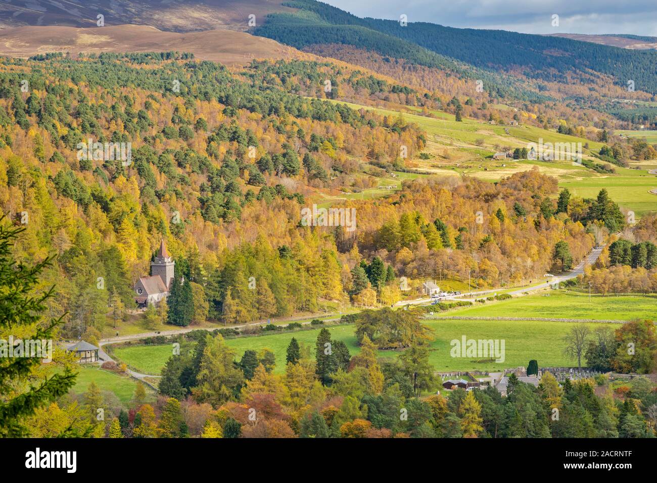 ROYAL DEESIDE SCOTLAND THE DEE VALLEY AND A93 ROAD WITH CRATHIE CHURCH