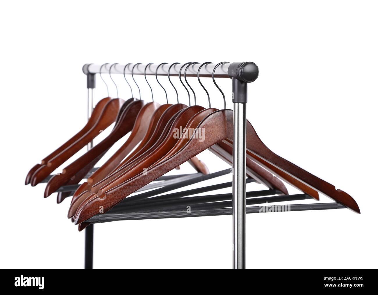 Many wooden hangers on a rod Stock Photo Alamy