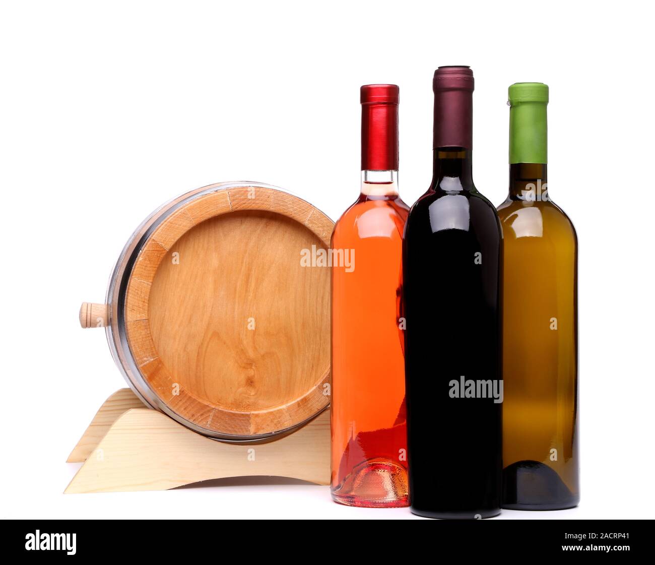 Three wine bottles and wodden barrel Stock Photo Alamy