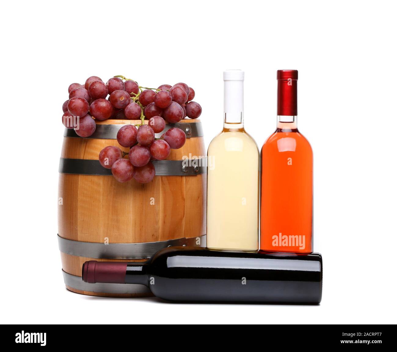 barrel, bottles of wine and ripe grapes Stock Photo Alamy