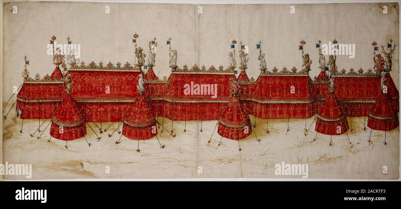 Design for a royal pavilion (Whole folio) Design for a royal pavilion in crimson and gold surmounted by eighteen King's Beasts said to be for Henry VI Stock Photo