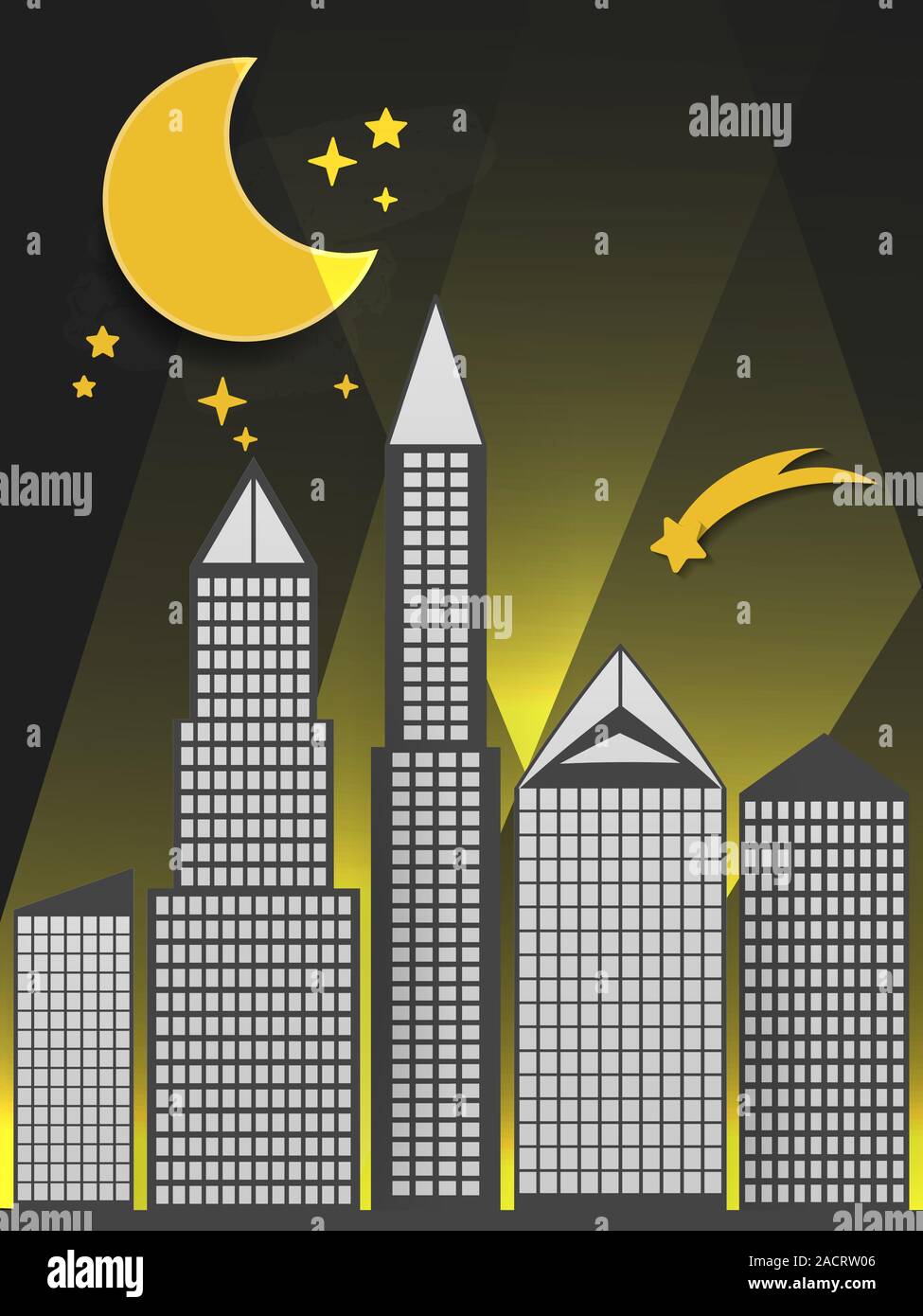 Silhouette Of The City And Night With Stars And Moon At The Sky Stock ...