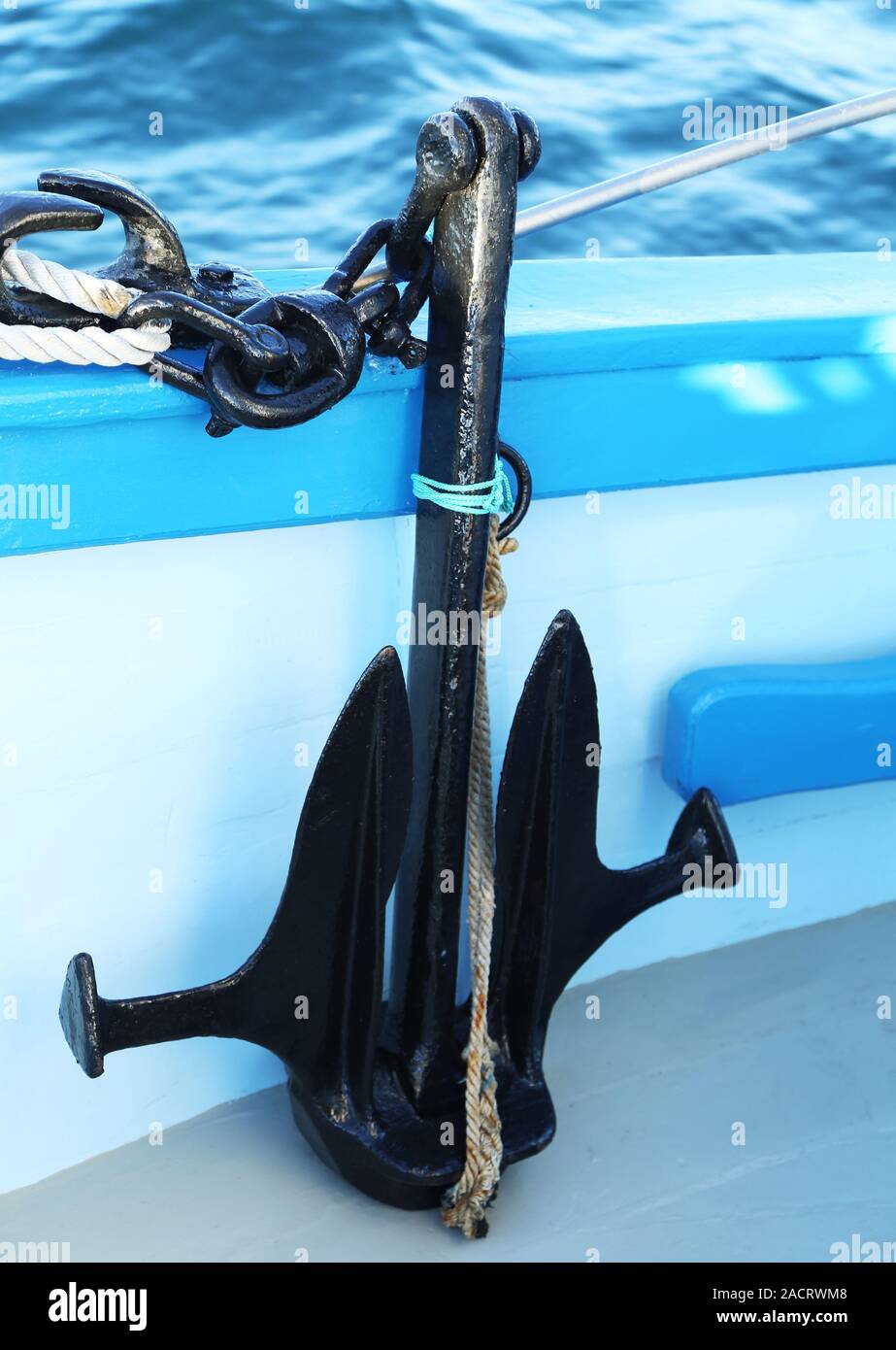 Anchor on board a pleasure craft. Close up Stock Photo Alamy