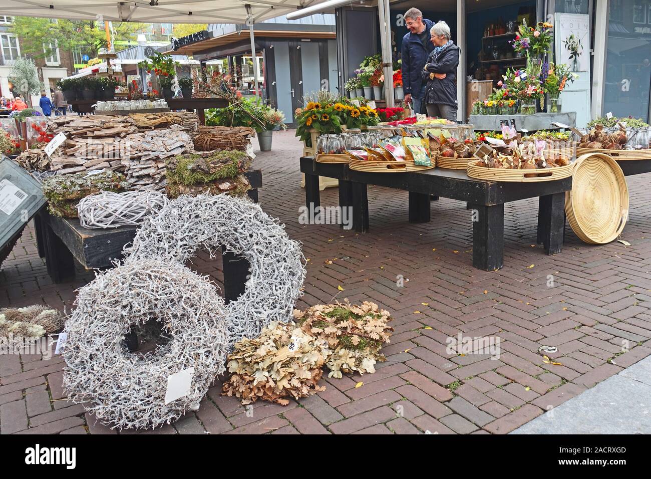 Dried plant displays on an open-air market stall in Middelburg, Zeeland, Netherlands Stock Photo