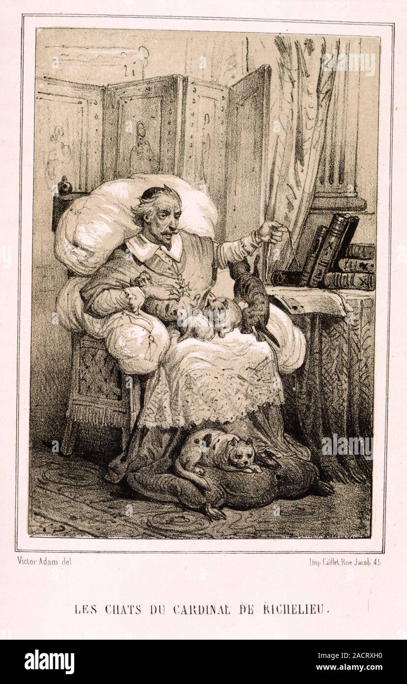 Cardinal Richelieu and his cats. Image taken from Les animaux historiques. Suivis des Lettres sur l'intelligence des Animaux de C. G. Leroy ...Illustr Stock Photo