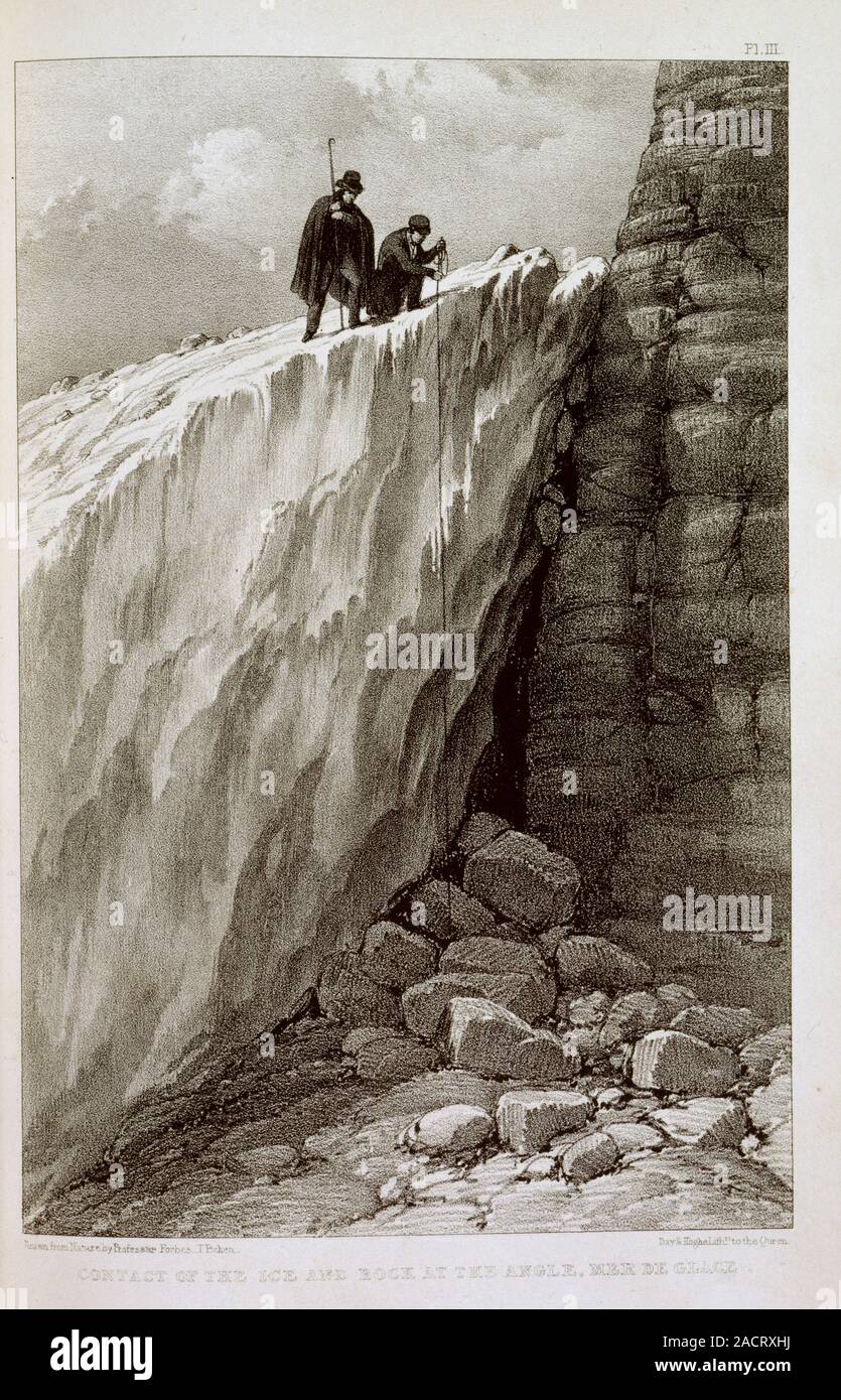 Ice and rock 'Contact of the ice and rock at the angle Mer de Glace'. The author James David Forbes (1809-68) Scottish physicist and glaciologist stud Stock Photo