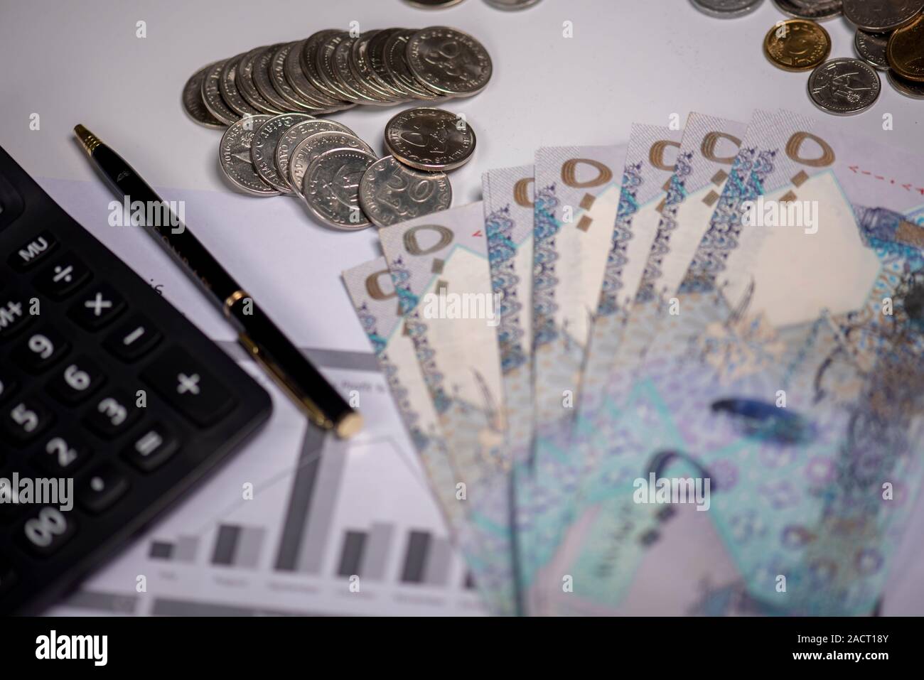 Financial and business chart and graphs, Qatari money coin and ...