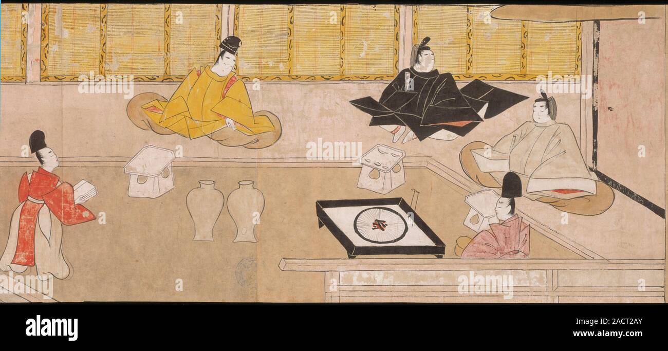 Japanese men around a hearth, Ariwara no Yukihira entertains his noble