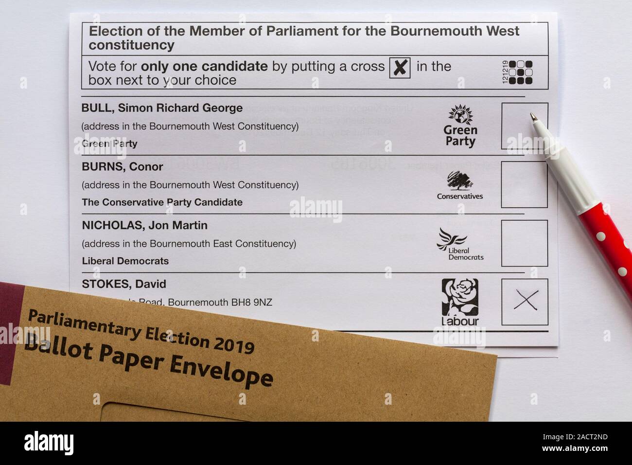 Candidates for Bournemouth West constituency on Ballot Paper for forthcoming Parliamentary general Election 2019 in UK, X against Labour - voting vote Stock Photo