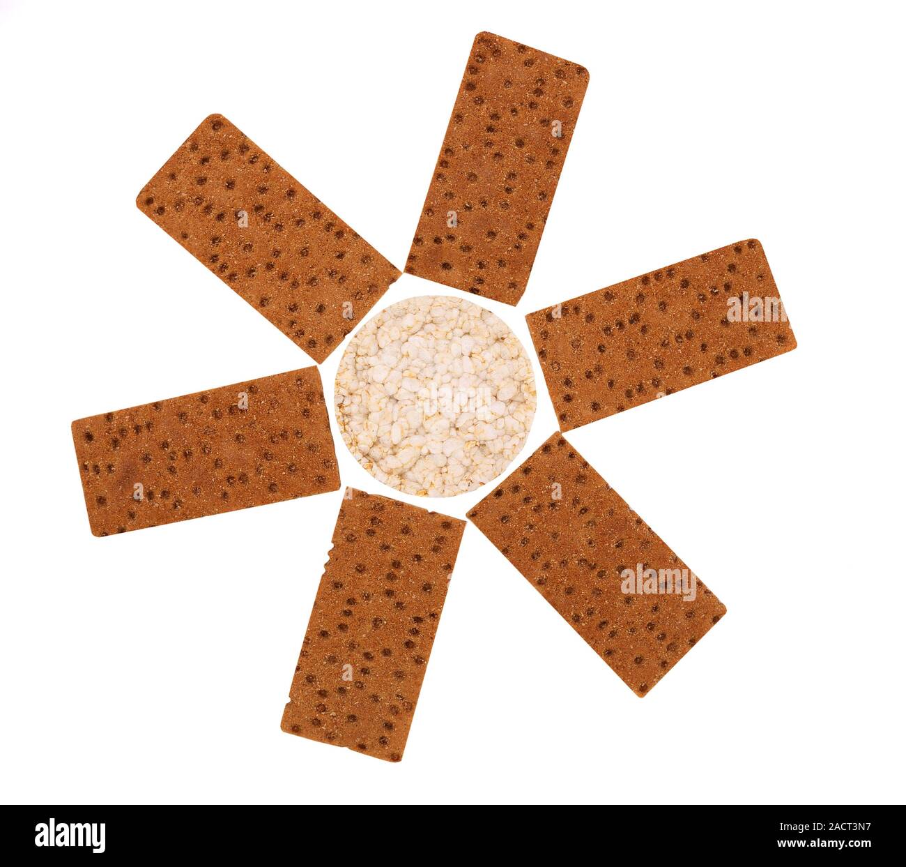 Composition of corn cracker and bread crisps. Stock Photo