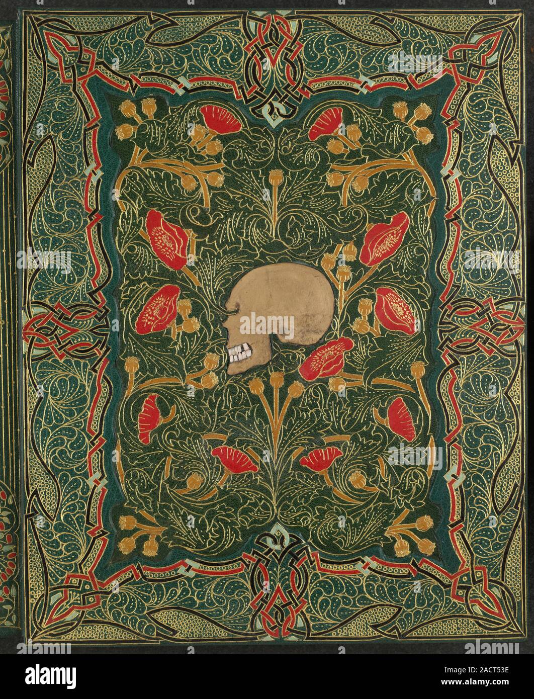 Twentieth century English binding by Stanley Bray. Lower doublure of turquoise goatskin with onlays and tooled in gold to a design featuring skulls an Stock Photo