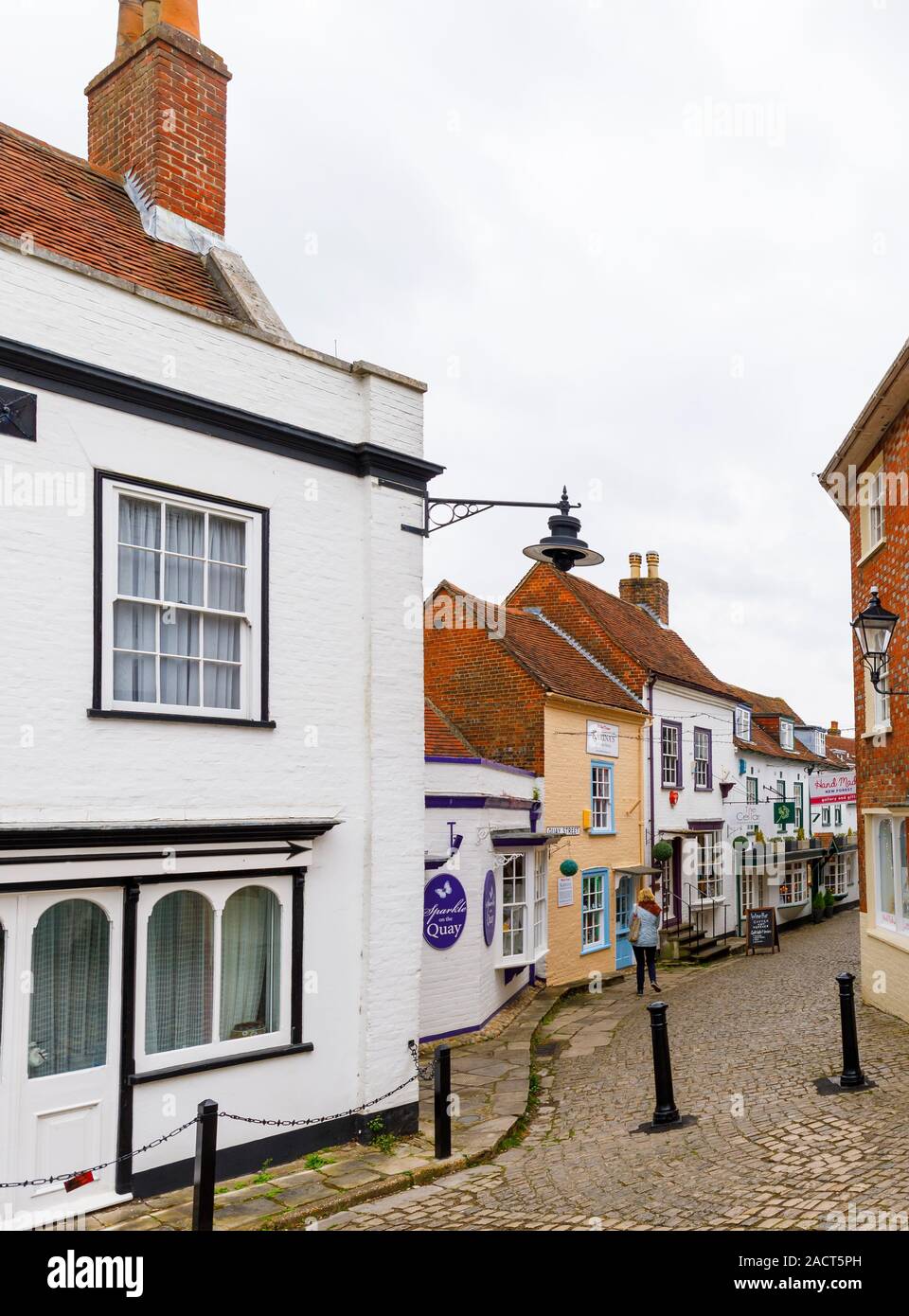 View of quaint historic buildings in Quay Street, old Lymington, a market town in the New Forest District of Hampshire, southern England, UK Stock Photo