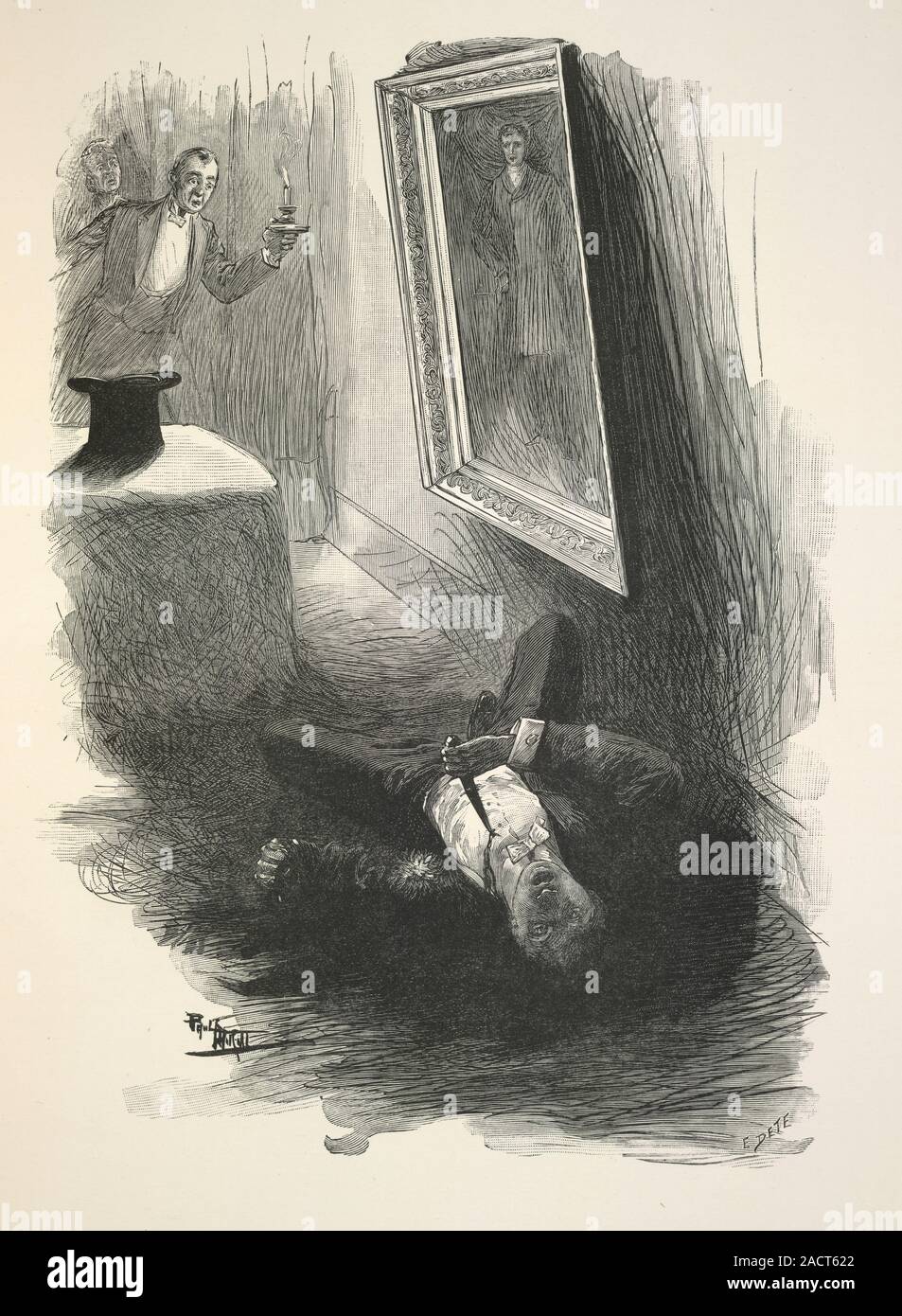Death of Dorian Gray. 'Lying on the floor was a dead man, in evening dress, with a knife in his heart ...'. Dorian Gray, dead, in front of his paintin Stock Photo