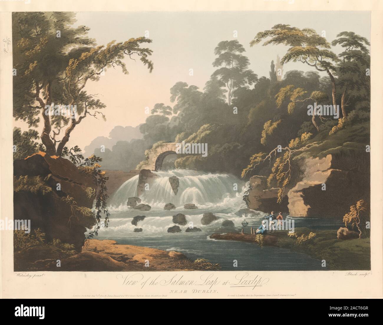 Vie of the Salmon Leap waterfall at Leixlip, near Dublin. Engraved by