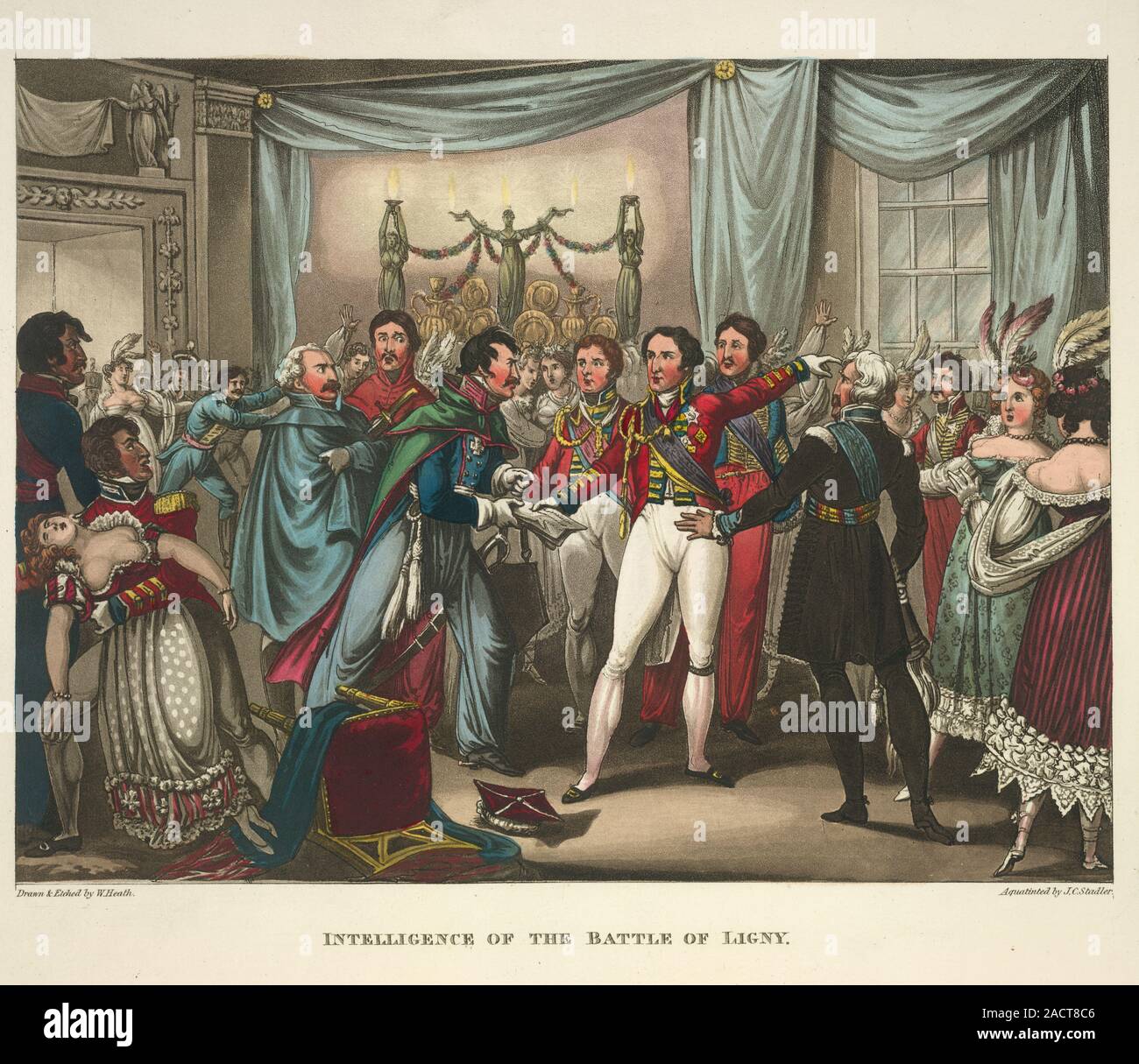 Intelligence of the Battle of Ligny. Arthur Wellesley, the Duke of Wellington, at a ball, receiving urgent dispatches from Blucher, stating the progre Stock Photo