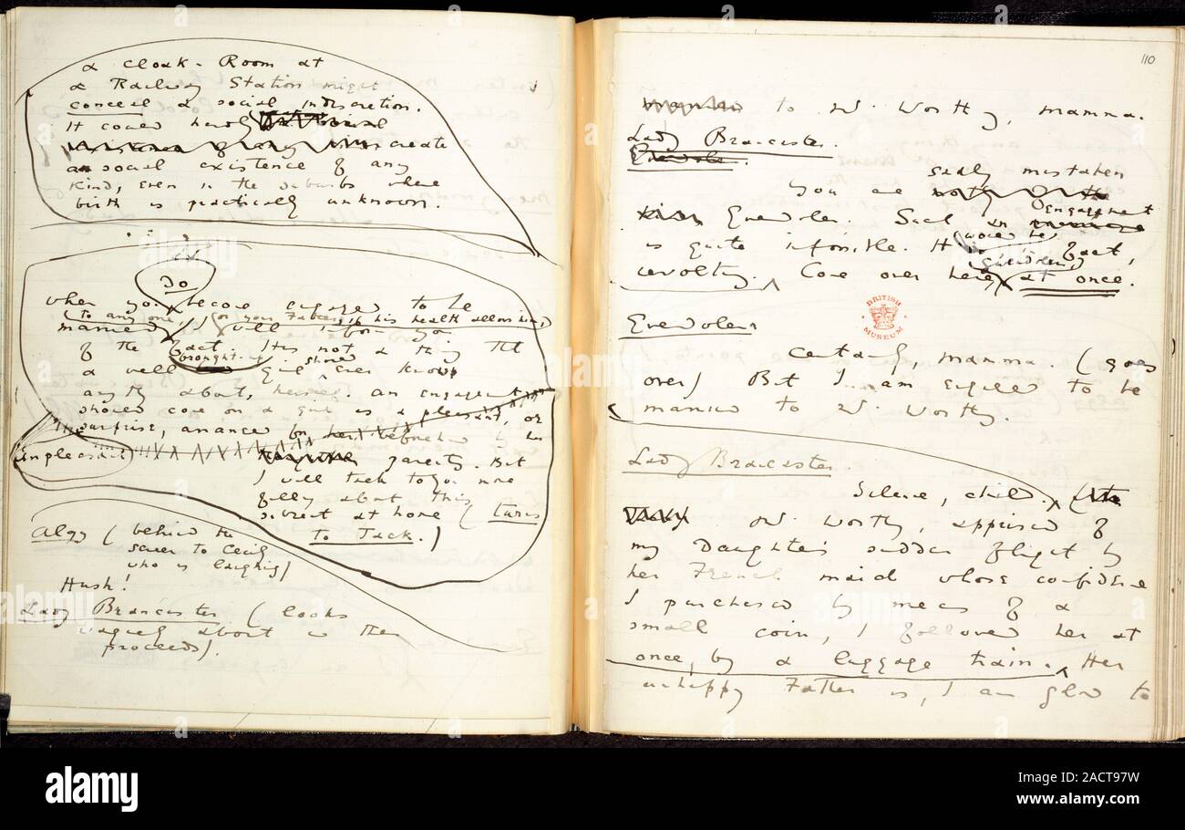 Importance of being Earnest, Whole opening A scene with Lady Brancaster Lady Bracknell and Gwendolen; from an early autograph draft, with corrections, Stock Photo