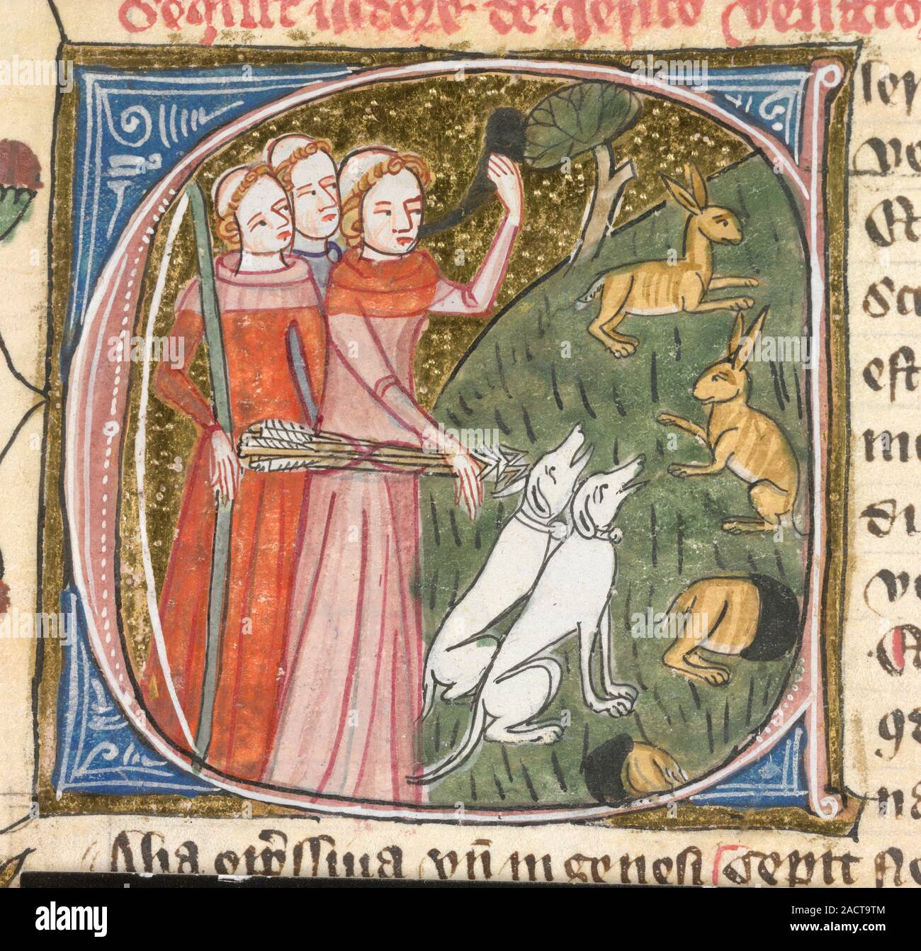 Clerics hunting rabbits, Miniature only Initial 'C', a scene
