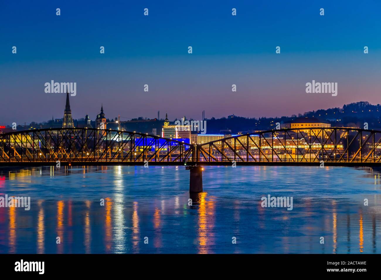 Linz with cathedral and railway bridge Stock Photo - Alamy