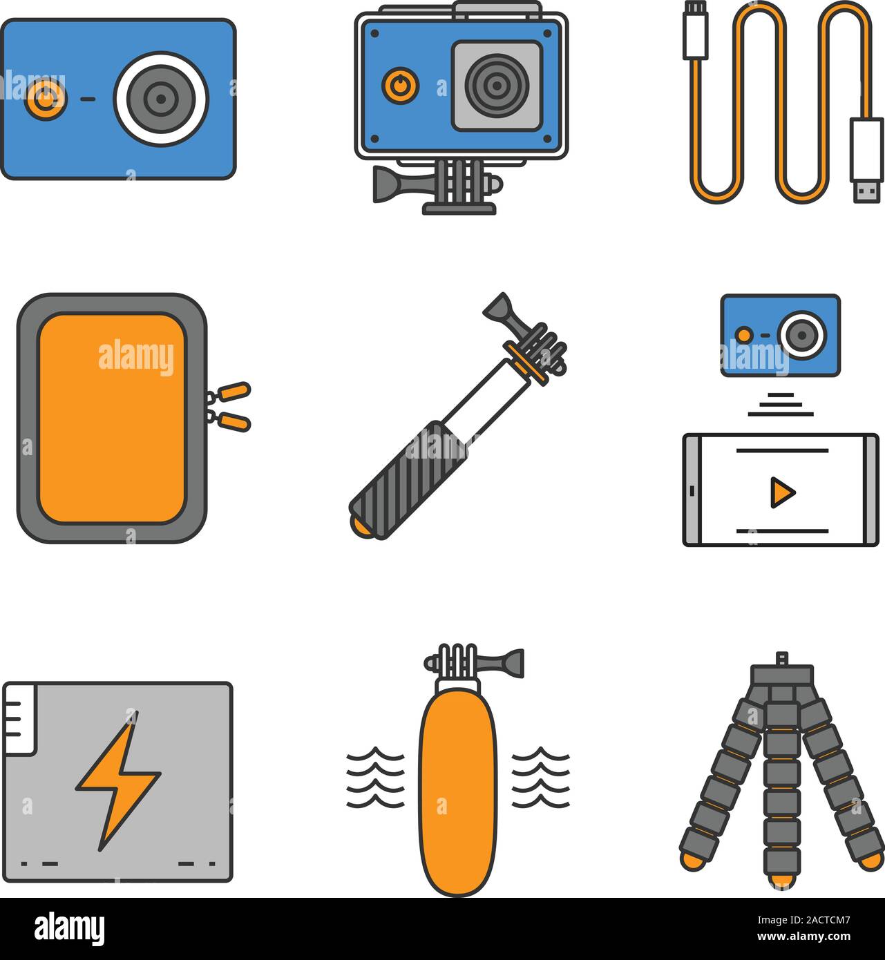 Action camera color icons set. Sport cam, usb cable, battery, phone connection, waterproof case, selfie monopod stick, floating grip, box, tripod. Iso Stock Vector