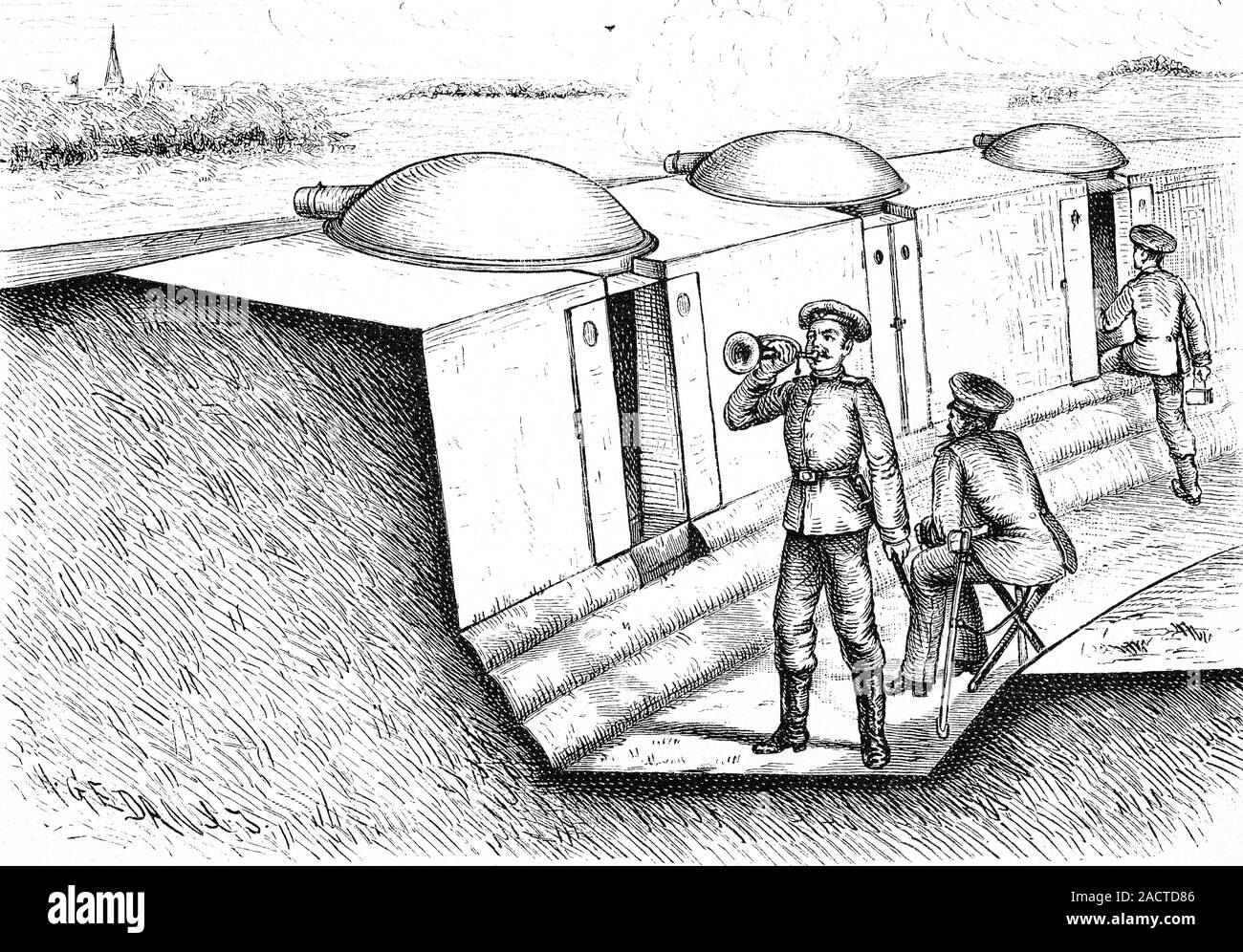 Trenches and Gruson turrets. 1885 engraving of castiron wheeled