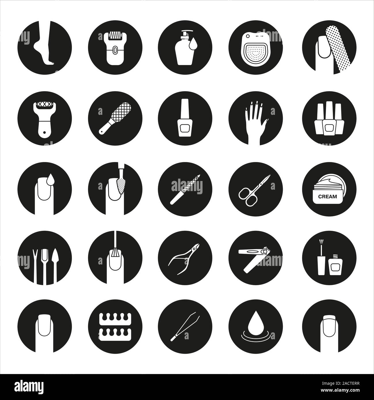 Manicure and pedicure icons set. Nail polish, scissors, epilator, spa