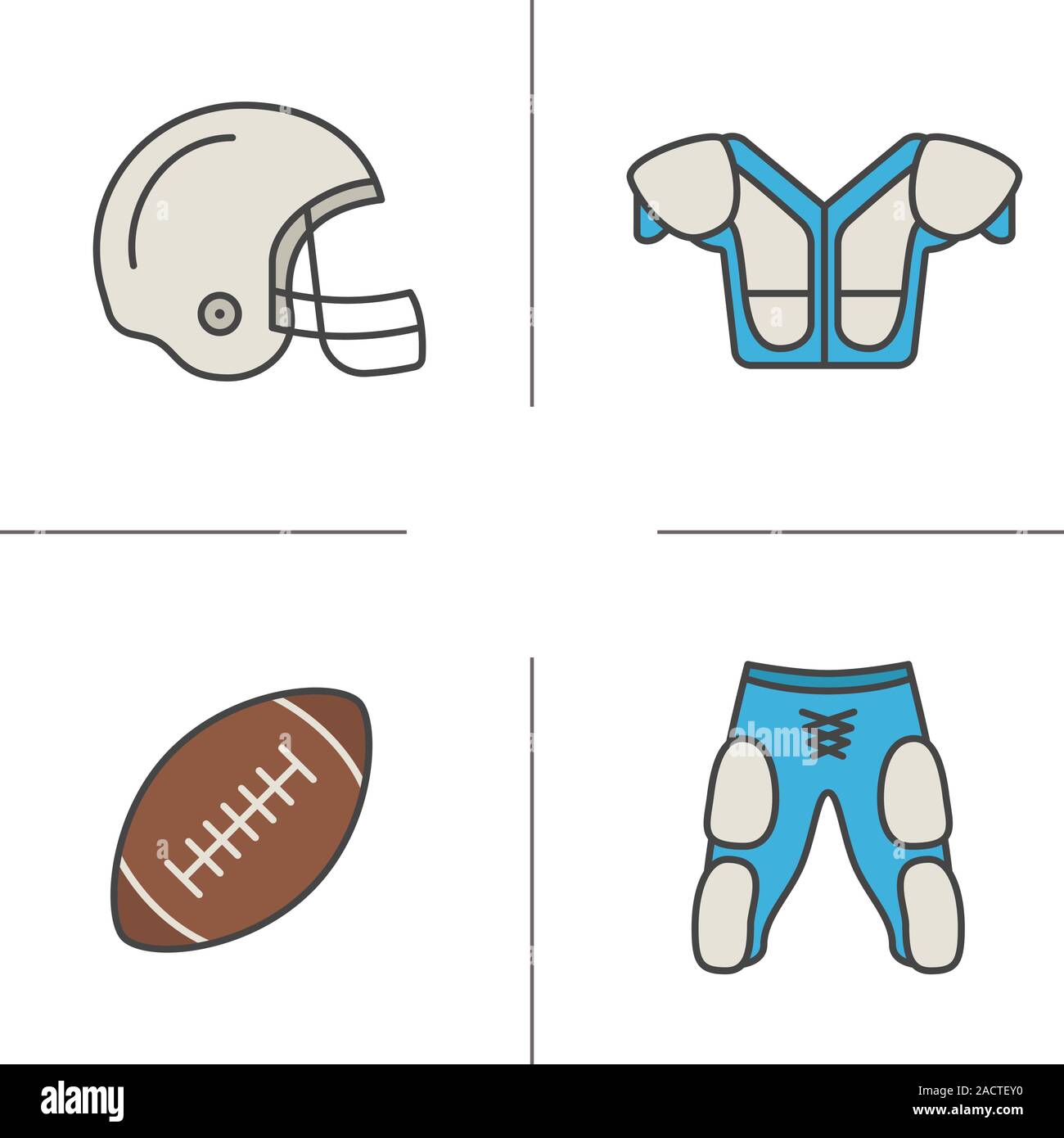 American football equipment color icons set. Helmet, shoulder pad, ball