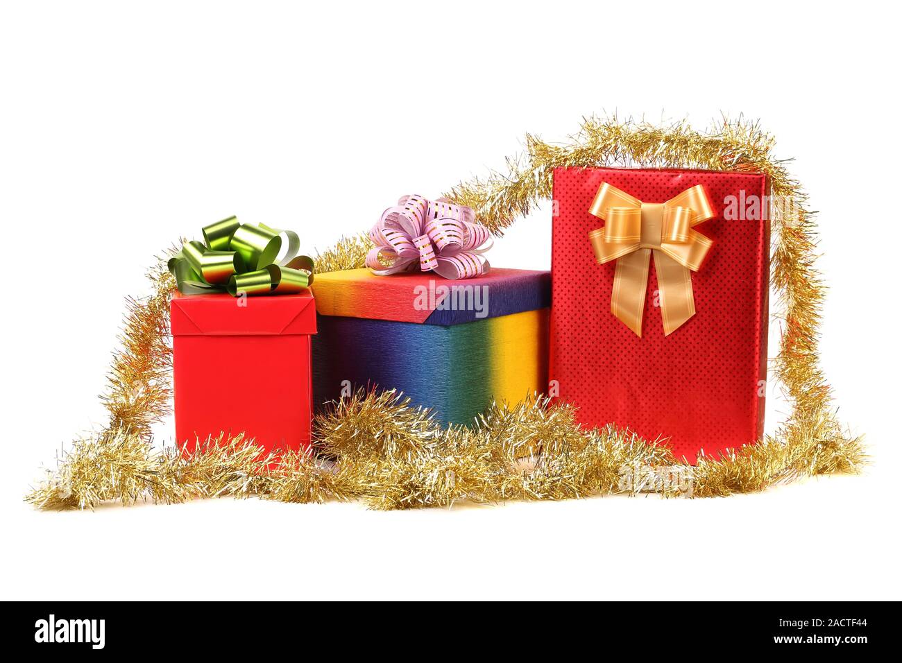 Set of gift boxes and gold tinsel Stock Photo Alamy