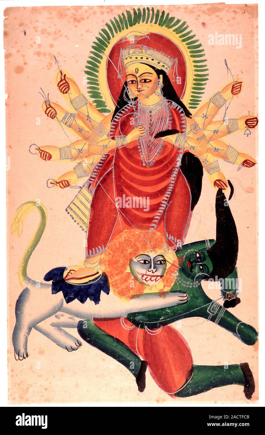 Durga on her lion, Durga on her lion trampling on Mahishasura. Watercolour. Kalighat style. Originally published in c.1865 Stock Photo