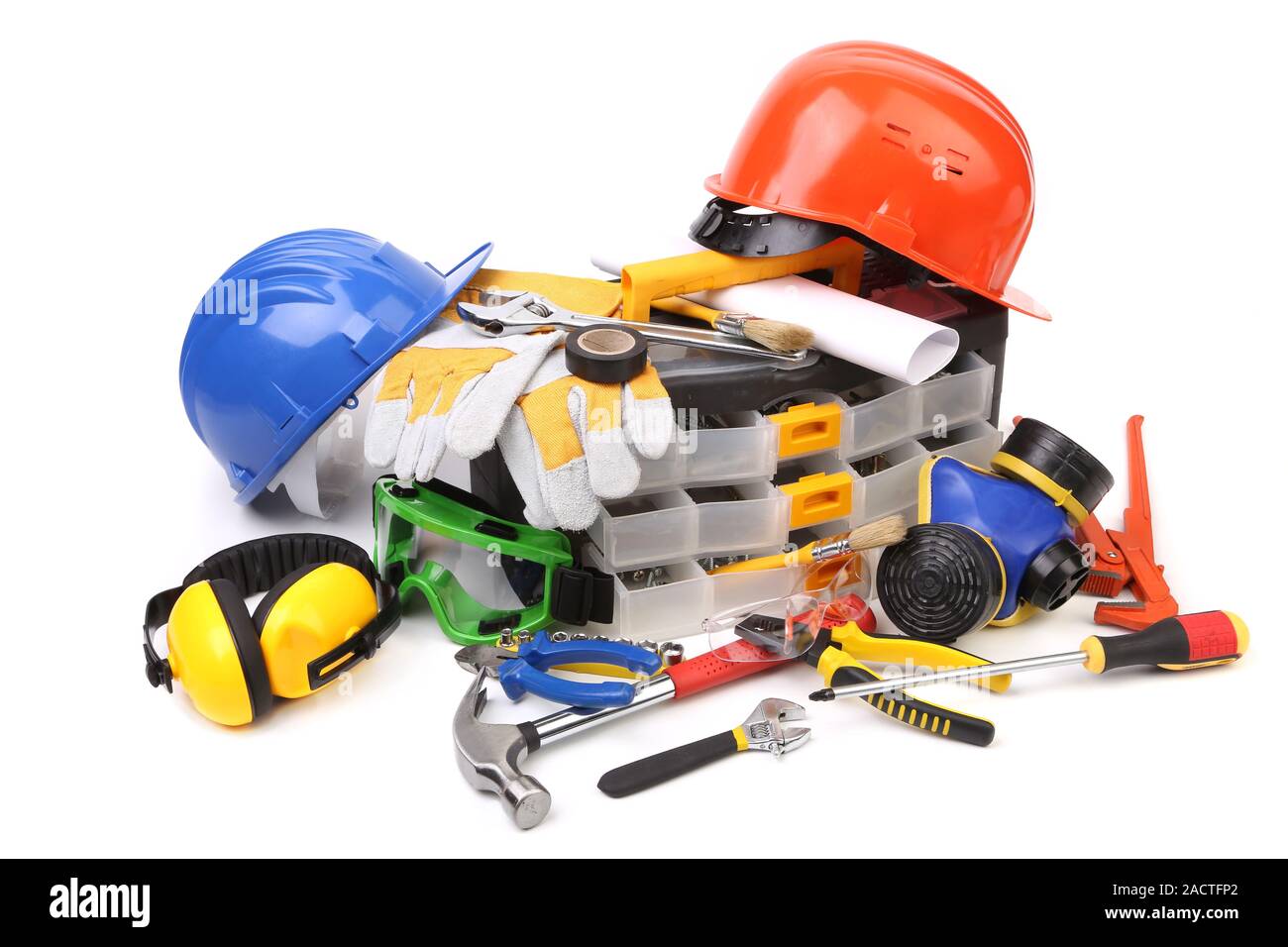 Plastic workbox with assorted tools. Stock Photo