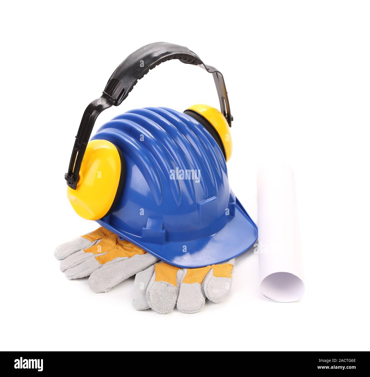 Ear muffs on hard hat and gloves Stock Photo Alamy