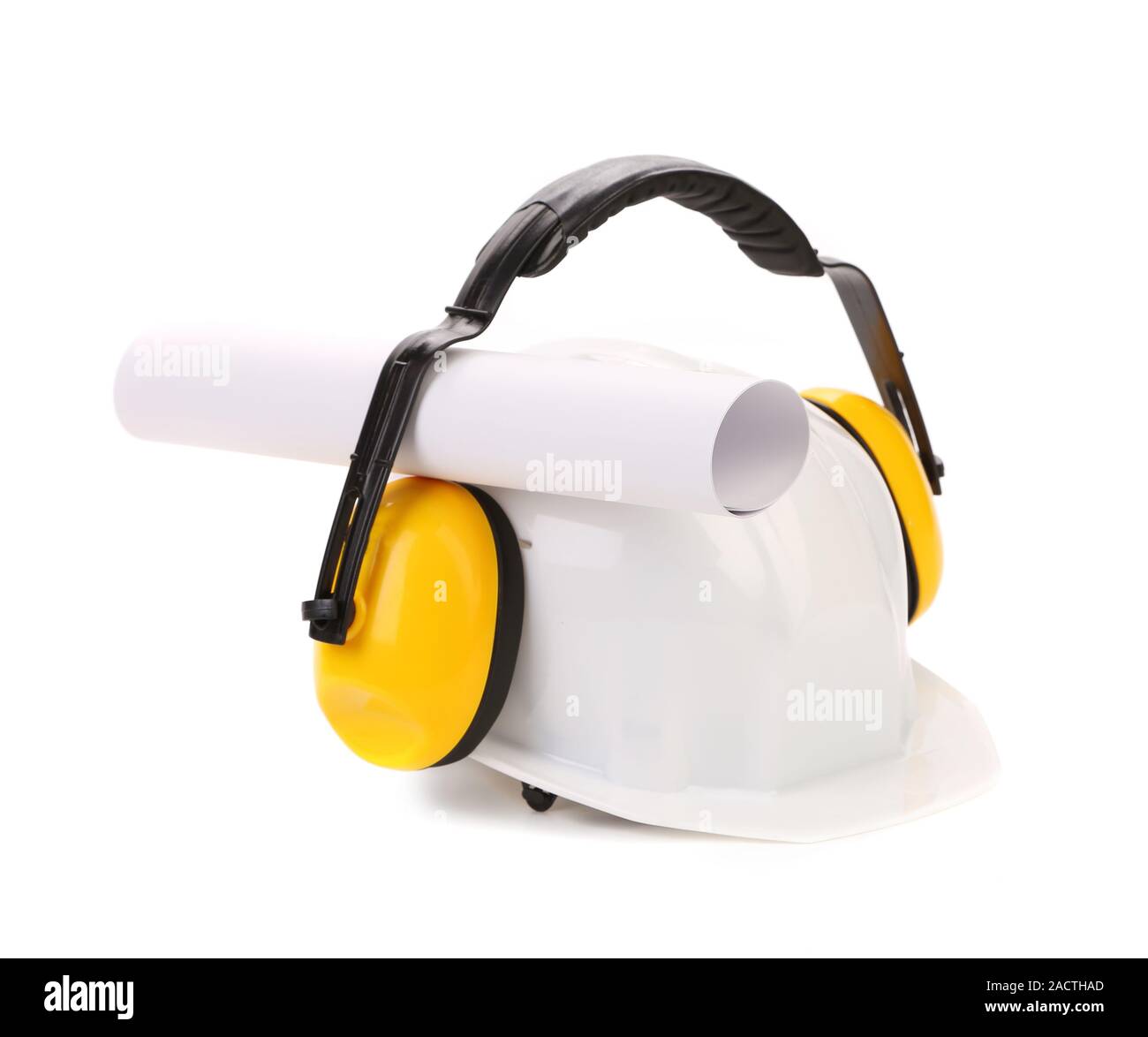 Protective ear muffs and hard hat paper roll Stock Photo Alamy