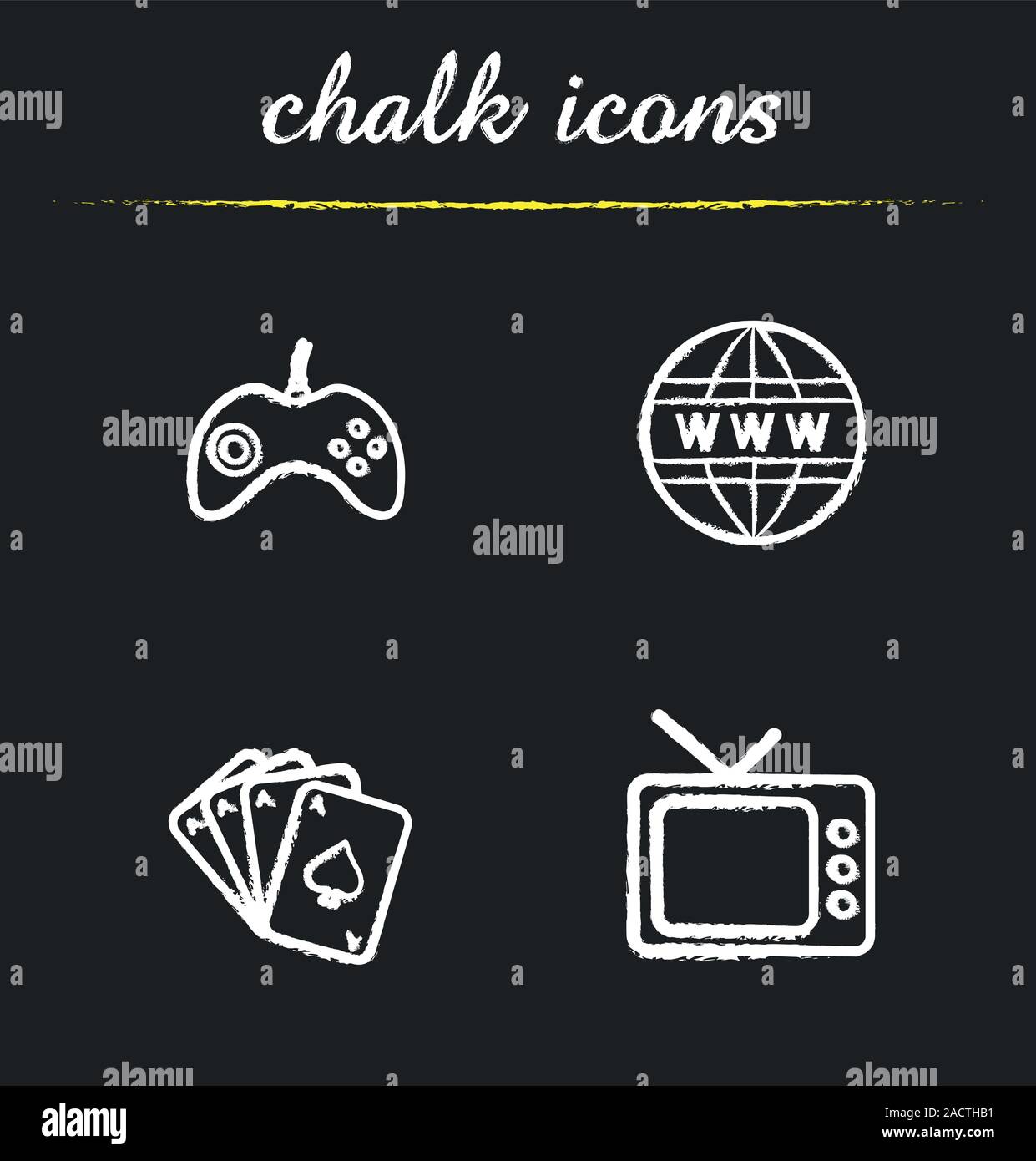 Bad habits chalk icons set. Game console joystick, www network symbol, playing cards deck, retro tv-set. Gambling, internet, gaming and tv addictions. Stock Vector