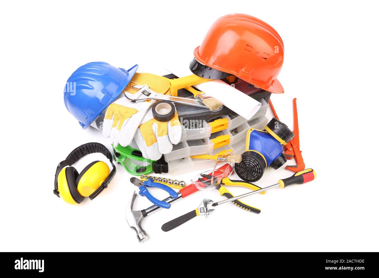 Plastic workbox with assorted tools. Stock Photo