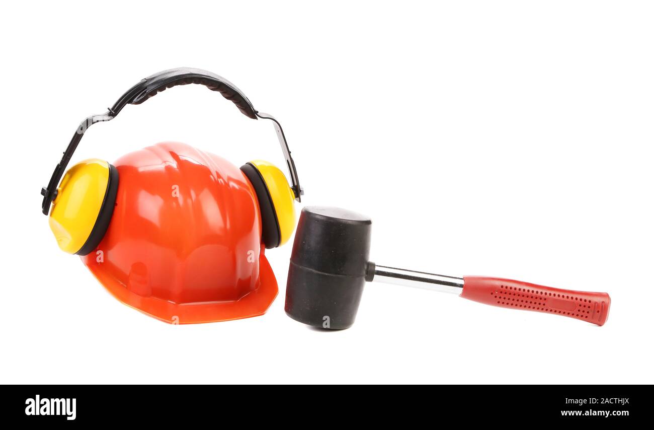 Ear muffs on hard hat and hammer Stock Photo Alamy