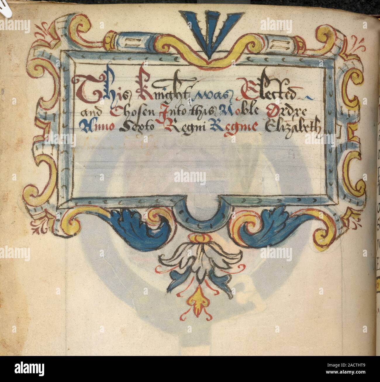 Inscription referring to Sir Henry Sydney, Whole folio Inscription referring to the creation of Sir Henry Sydney as a Knight of the Garter in the sixt Stock Photo