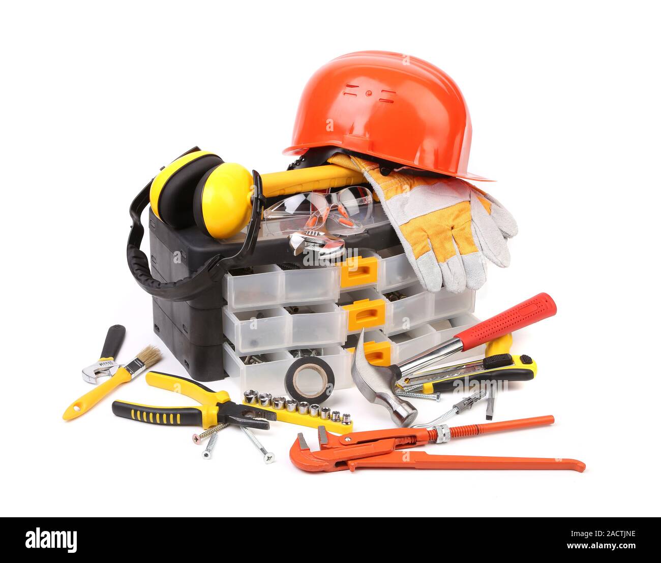 Set of tools and instruments with toolbox Stock Photo Alamy