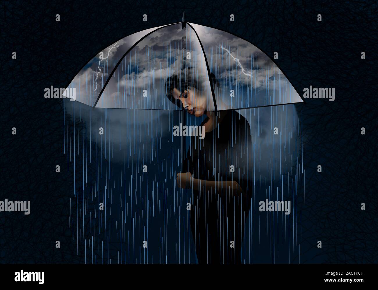 Woman under umbrella with rain and lightning storm Stock Photo