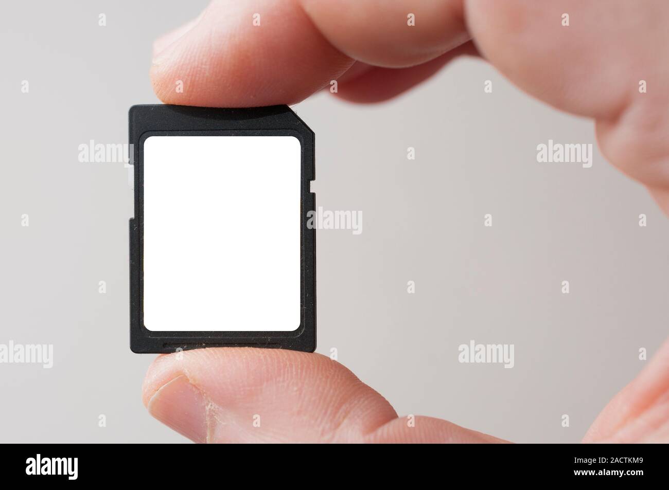 Man fingers hold a blank label SD (standard definition) memory card