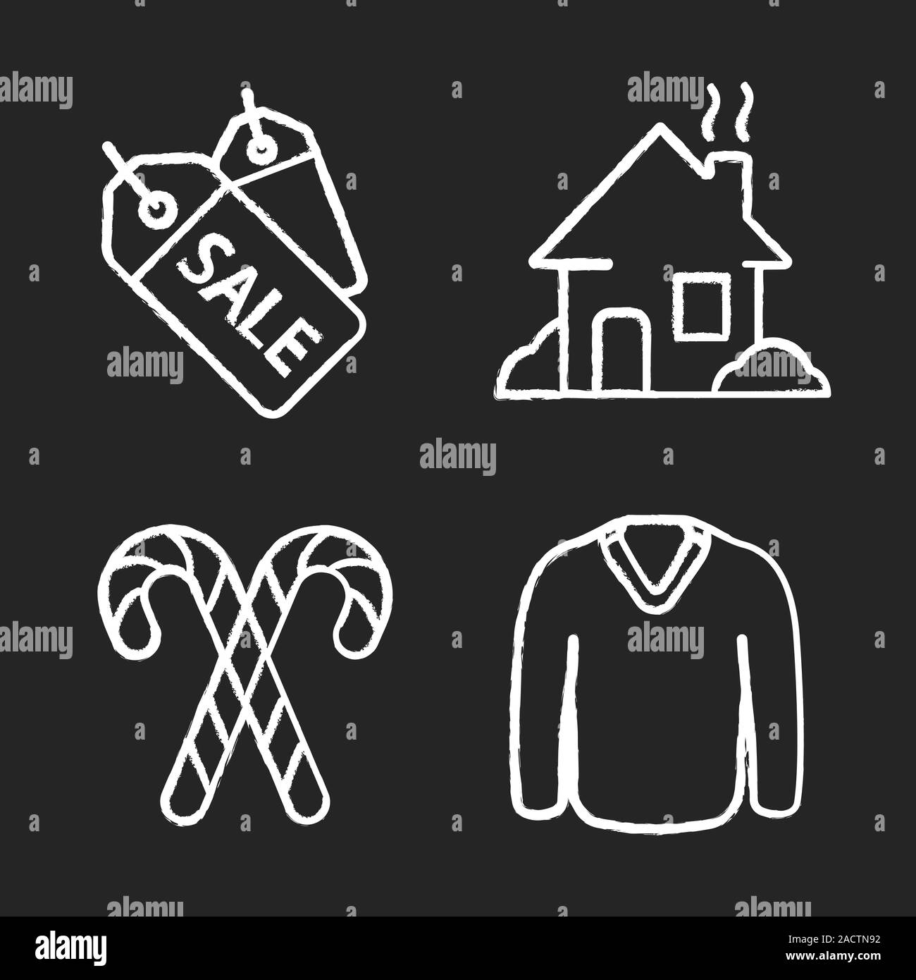 Winter season chalk icons set. Store sale price tags, house, candy