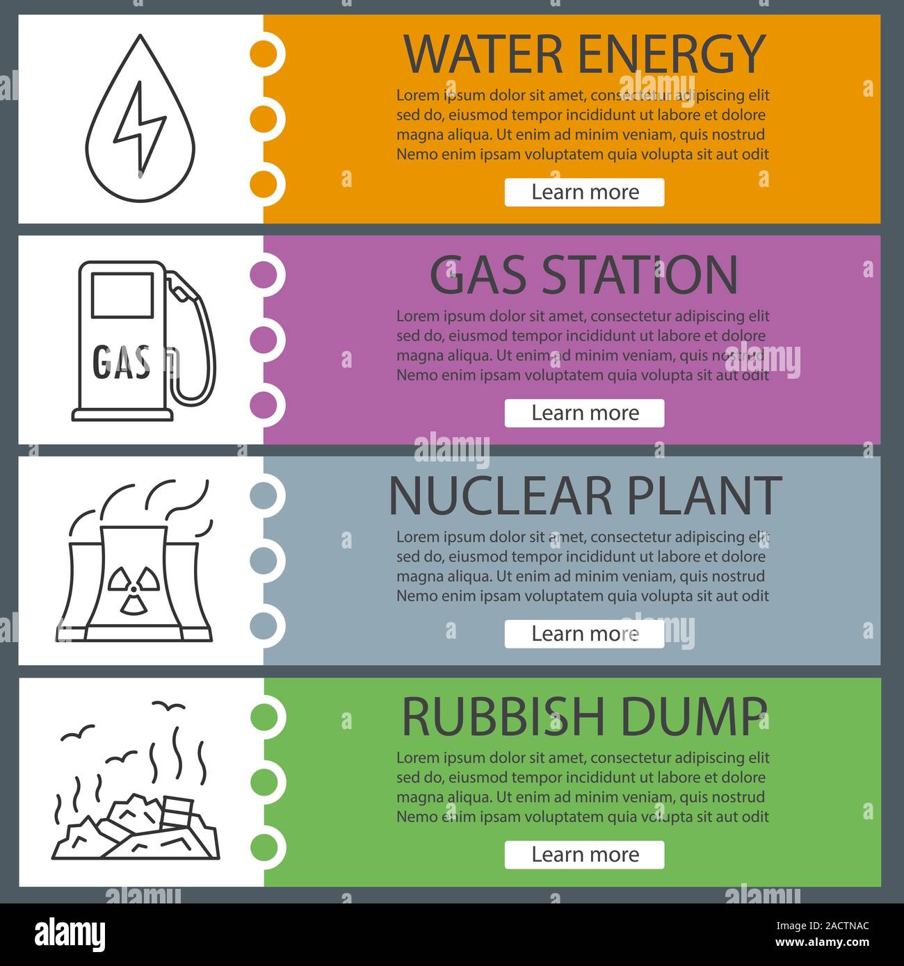Ecology banner templates set. Water energy, gas station, nuclear power plant, rubbish dump. Website menu items with linear icons. Color web banner. Ve Stock Vector