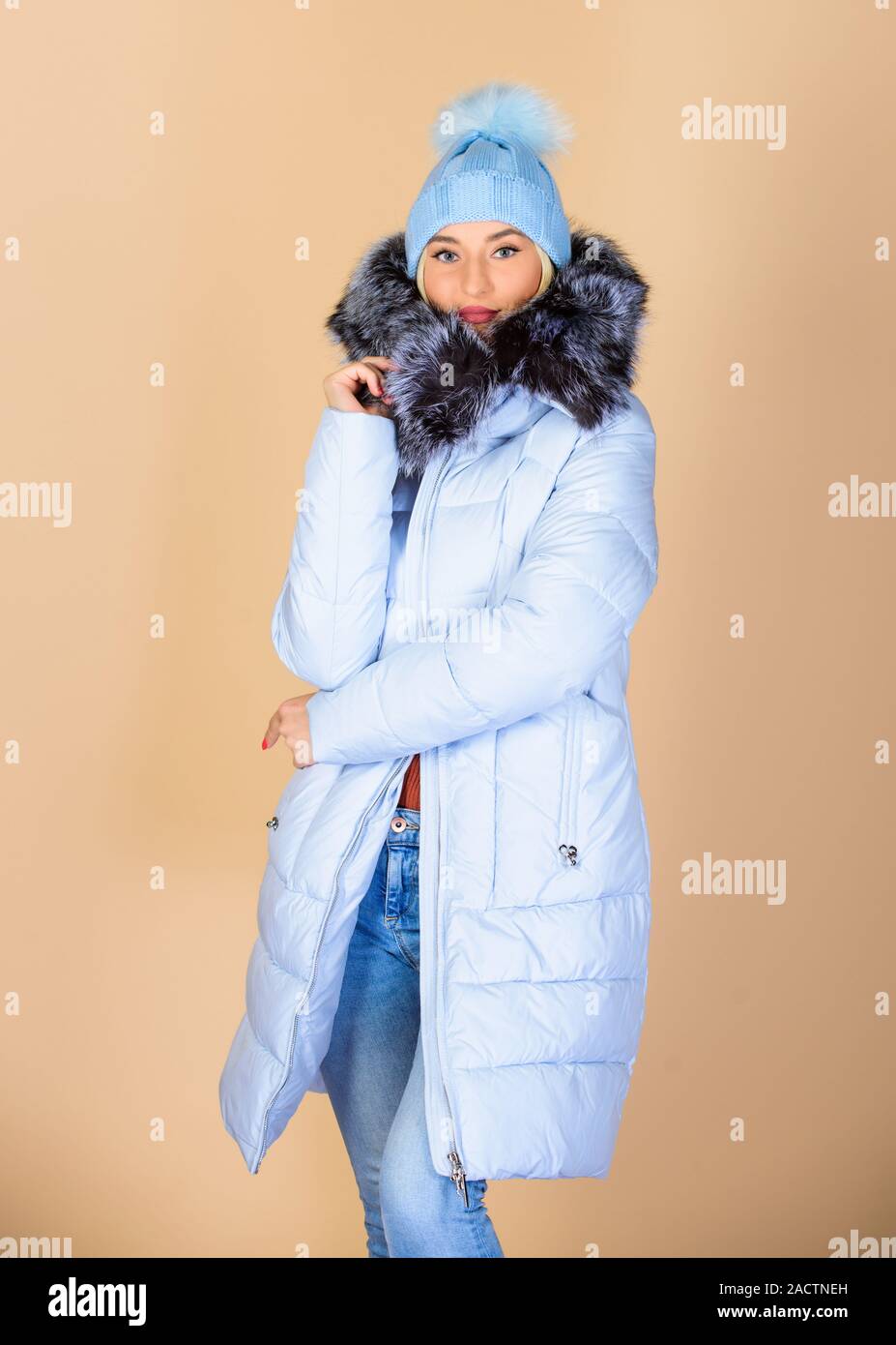 Designed for your comfort. Fashion girl winter clothes. Fashion trend. Fashion  coat. Warming up. Casual winter jacket more stylish have more comfort  features. Female fashion. Clothes shop. Buy online Stock Photo 