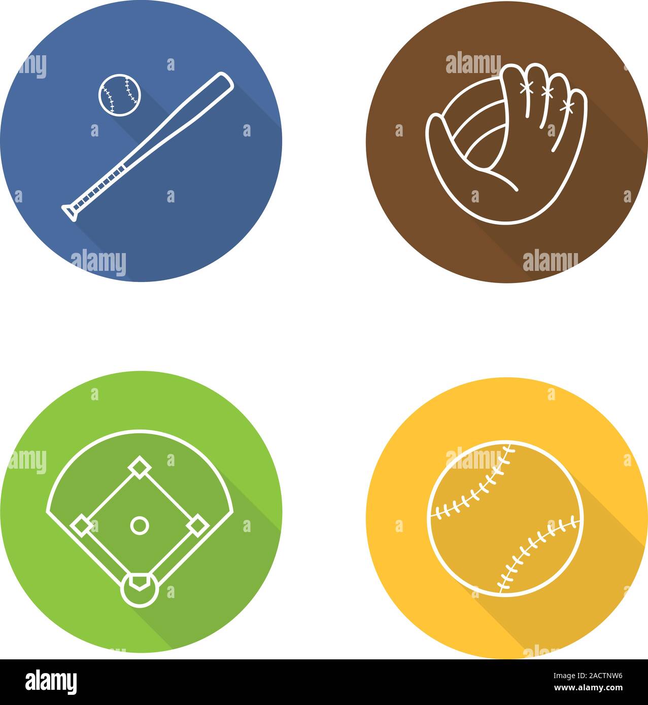 Baseball flat linear long shadow icons set. Bat and ball, mitt, field