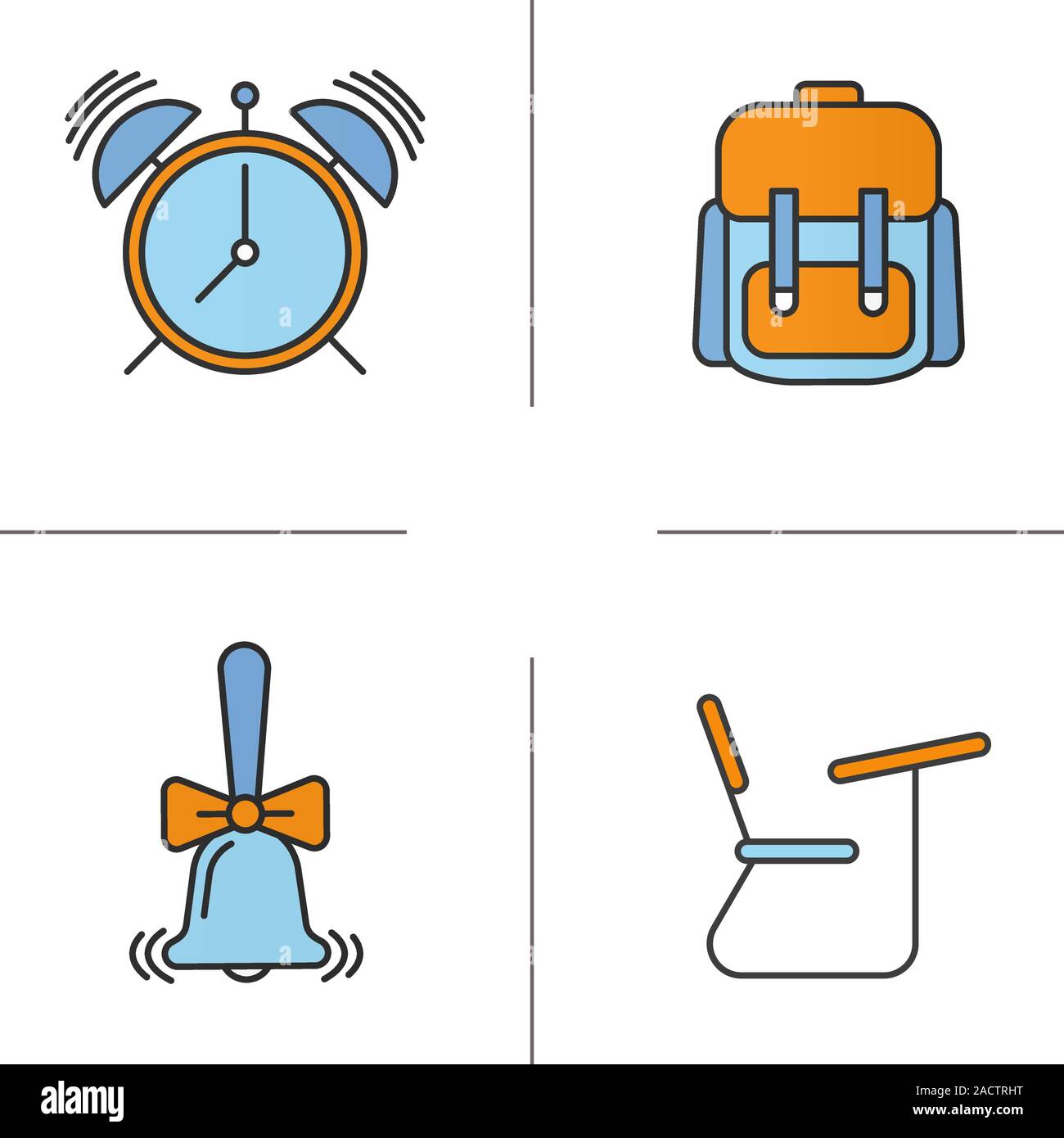 School and education color icons set. Student's backpack, alarm clock ...